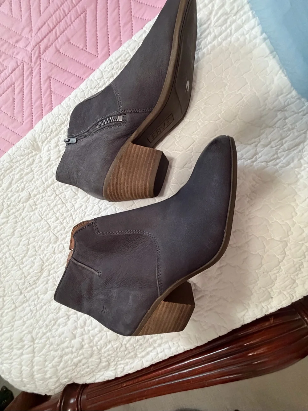 Frye Dark Gray Leather Ankle Booties with Stacked Heel